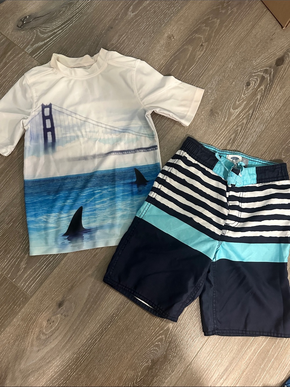 Old Navy White & Blue Shark Graphic Rashguard Set